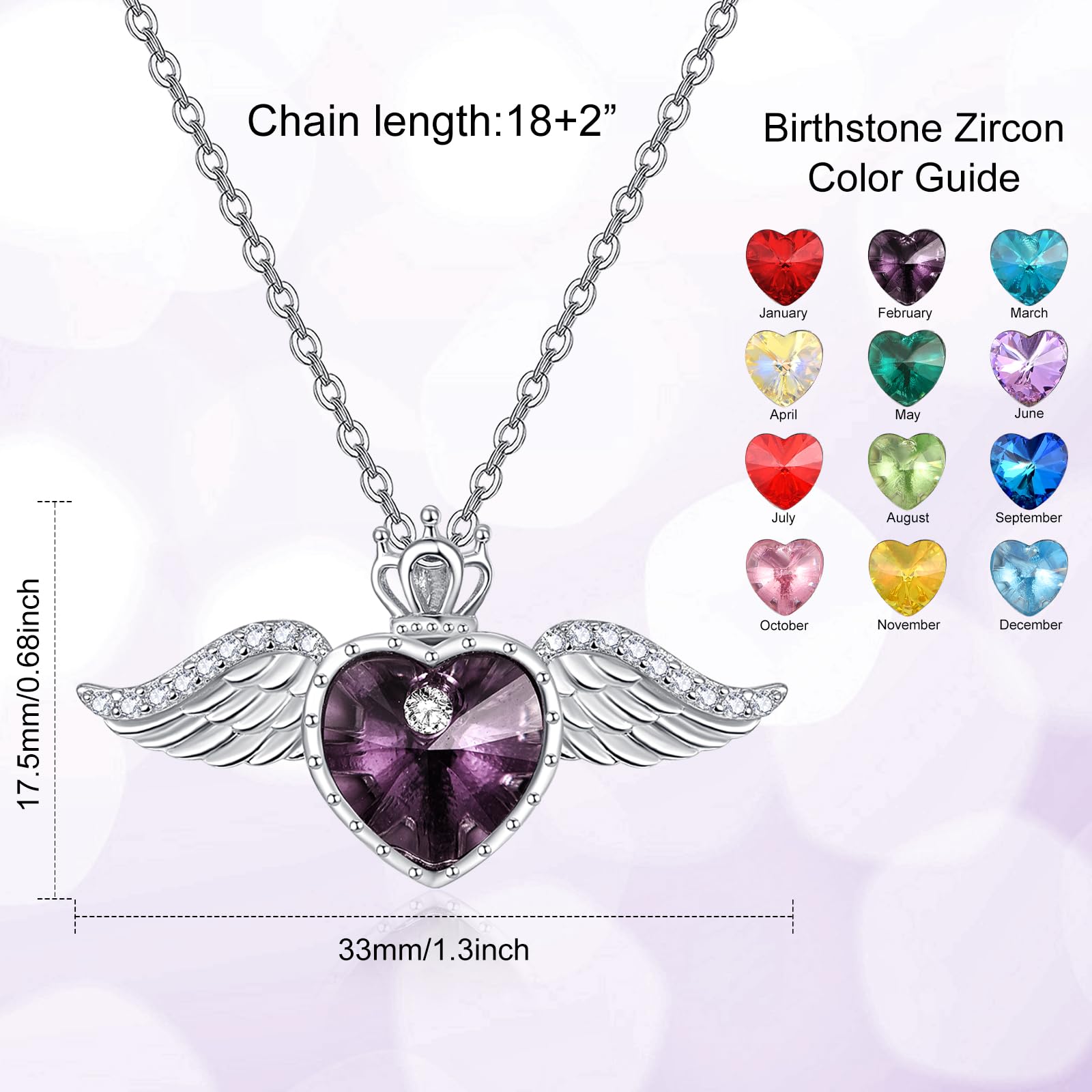 TANGPOET Engelsflügel Halskette 925 Sterling Silber Liebe Herz Kristall Kette Königin Krone Anhänger Geburtsstein Schmuck Geschenk für Frauen Mädchen mit Geschenkbox