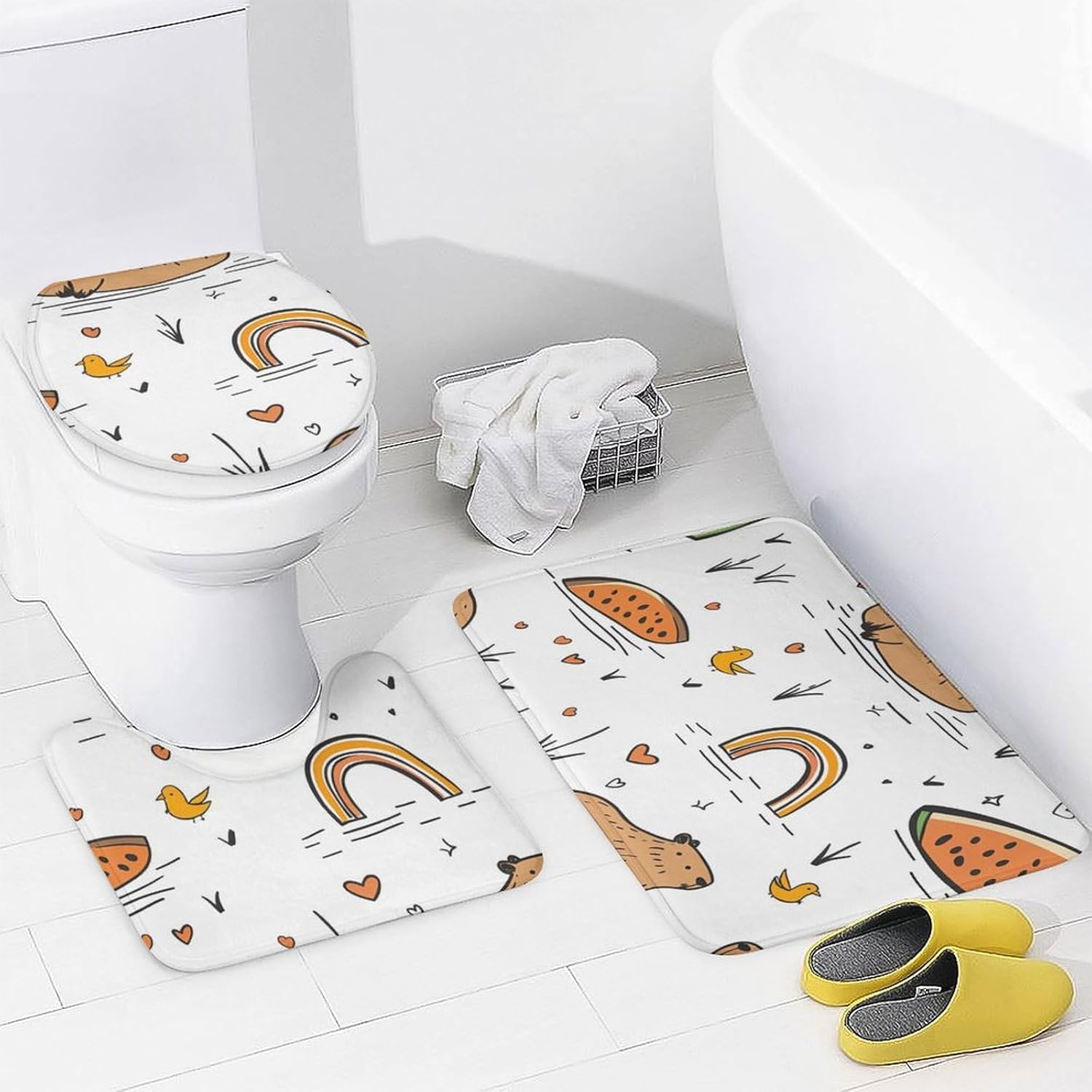 Capybara Rainbow Watermelon Bird Bathroom Sets with Shower Curtain and Rugs 4 Piece with U-Shaped Floor Mat Toilet Lid Cover