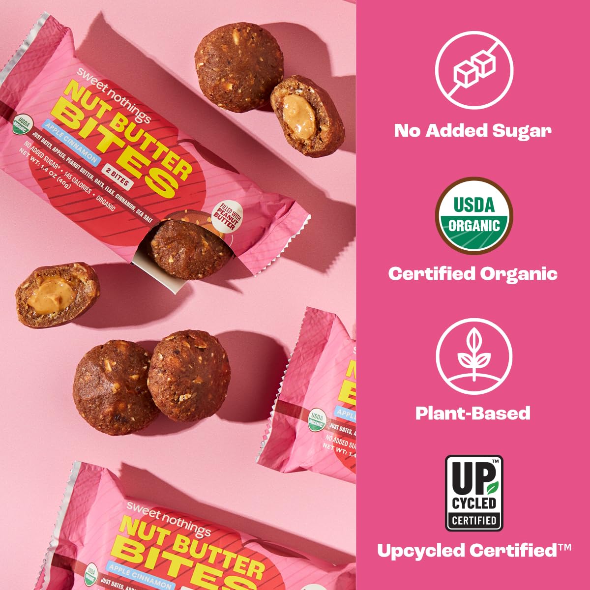 Sweet Nothings, Apple Cinnamon, USDA Organic Nut Butter Bites Protein Bar, Nut & Date Snack, Filled with Peanut Butter, 12-2 Bite Value Packs - No Added Sugar, Good Source of Fiber, Only 7 Ingredients