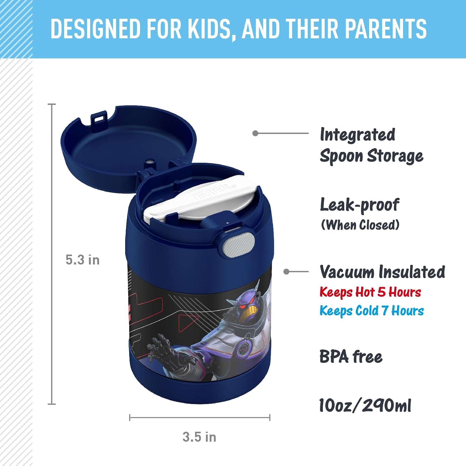 THERMOS FUNTAINER 10 Ounce Stainless Steel Vacuum Insulated Kids Food Jar with Spoon, LIGHTYEAR