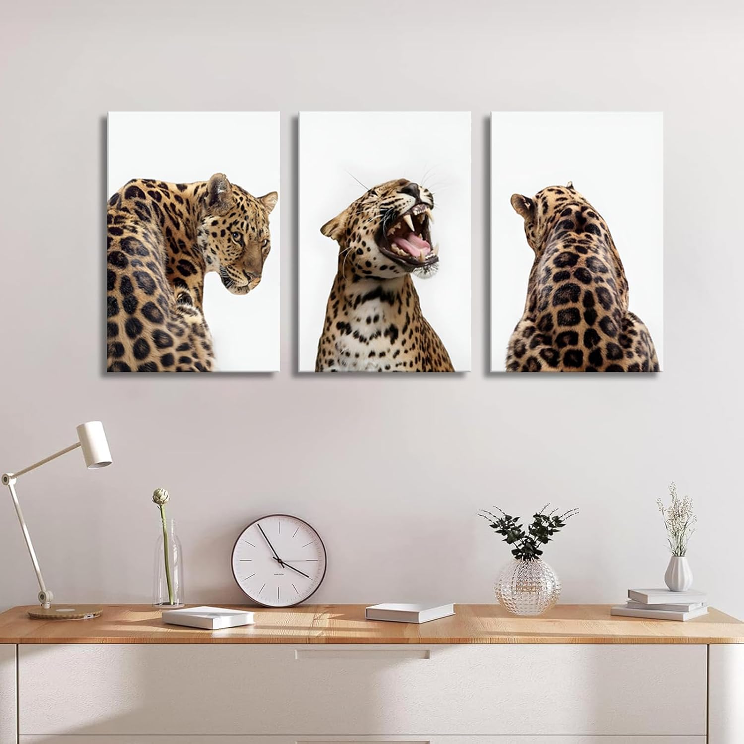 3 Pcs Leopard Roaring Canvas Wall Art Jungle Wild Animal Portrait Paintings Feminism Stylish Cheetah Aesthetic Poster Prints for Women Bedroom Living Room Bathroom Decorations (16x24in canvas)
