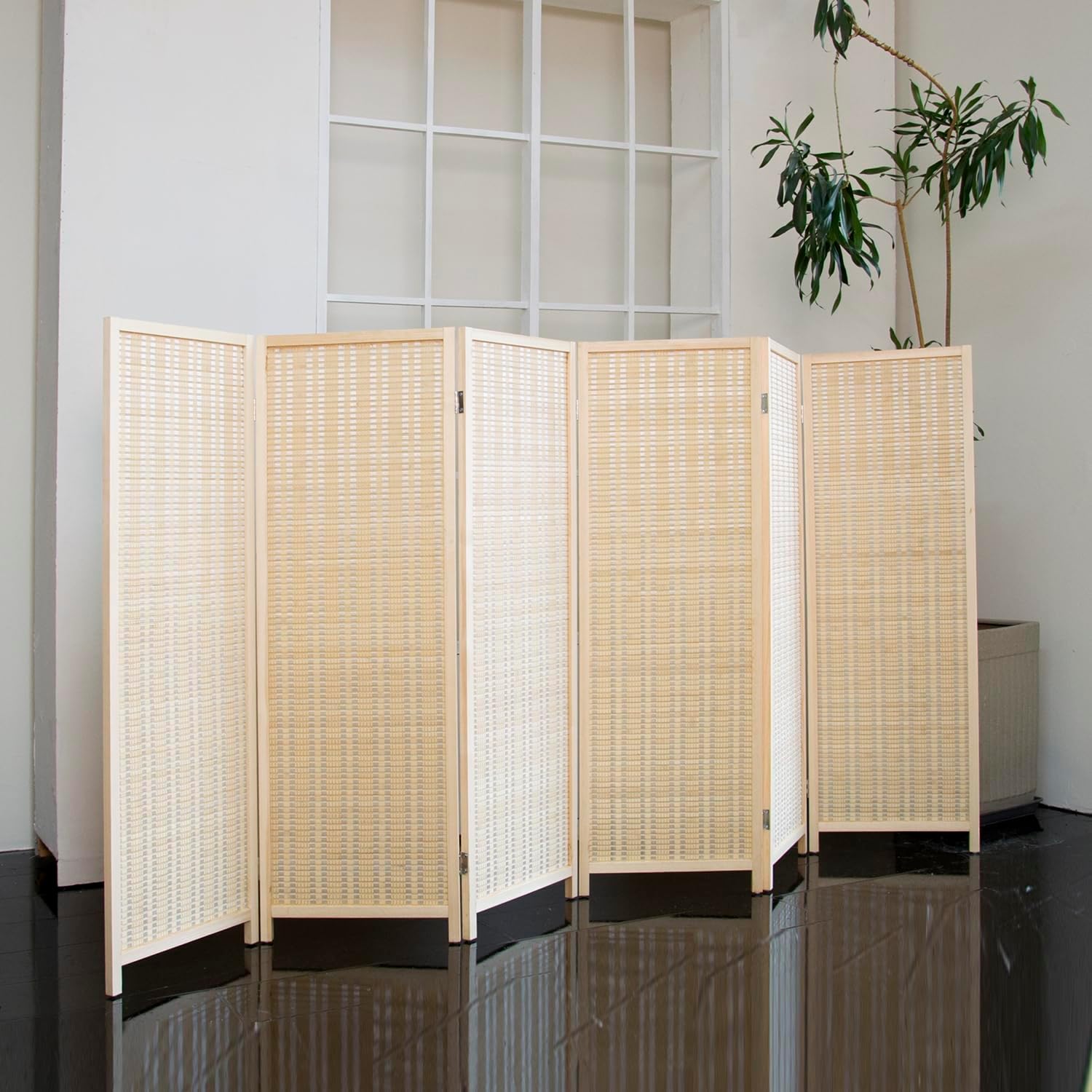 6 Panel Short Room Divider – 3.9 ft Tall Double-Side Folding Privacy Screen, Natural Beige Bamboo Partition Wall for Home Office, Living Room & Corner Spaces
