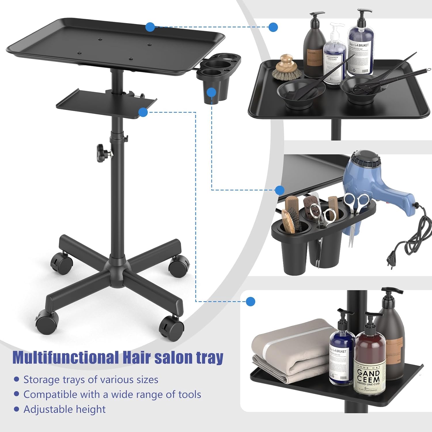 Salon Tray Cart on Wheels with Storage Platform, Adjustable Height Hair Stylist Tray, Premium Iron Tattoo Tray, Suitable for Salon and SPA Use