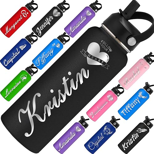 Miniatura 10 de MaWeeTn Botella de agua personalizada con aislamiento personalizado con tapa con popote, botellas de acero inoxidable grabadas personalizadas de 24
