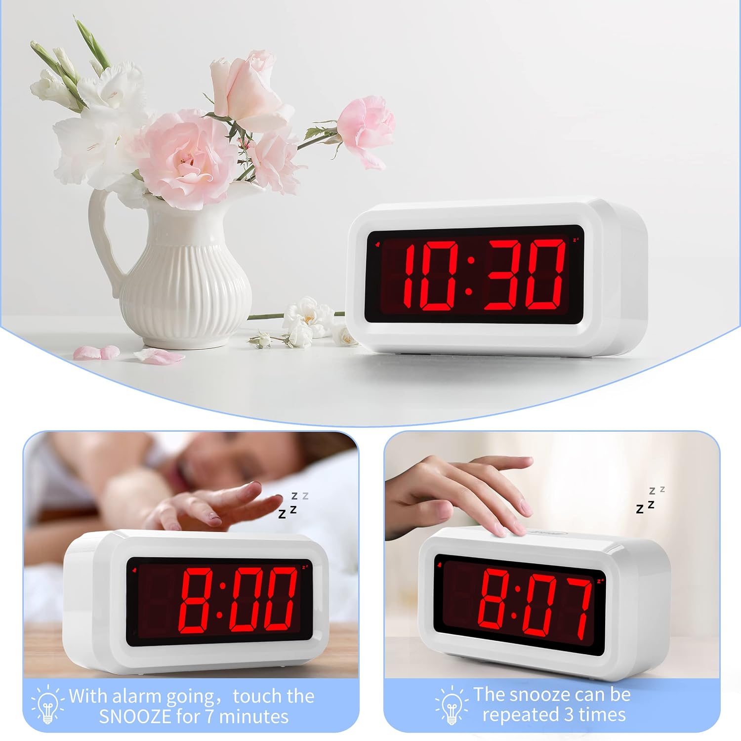 KWANWA Digital Alarm Clock demonstrating the snooze function, showing the time before and after a 7-minute snooze.