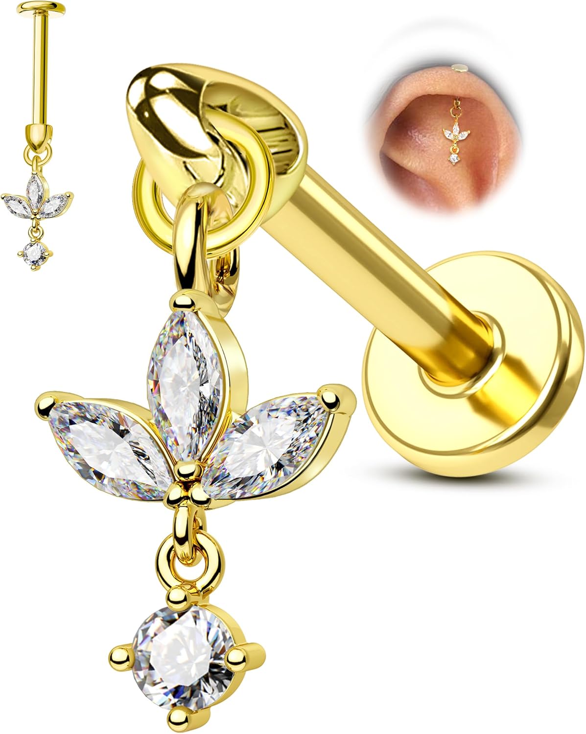 COCHARM 16G Flower Cartilage Earring Vertical Helix Piercing Jewelry, Flat Back Piercing Stud for Cartilage, Dangle Design, Gold and Silver Tone Lobe Helix Earring Stud