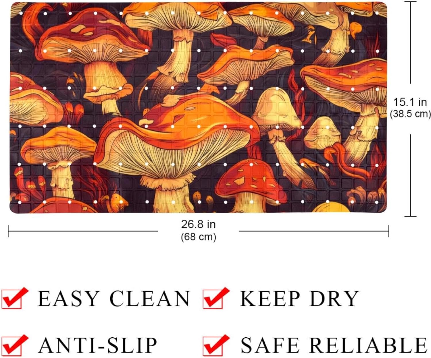 Wild Forest Mushrooms Pattern Bath Tub and Shower Mats, Non Slip Bathmat with Drain Holes and Suction Cups for Bathroom Floor, 15.1 x 26.8 Inch