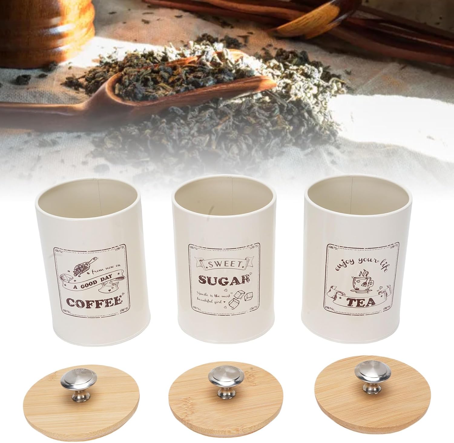 Yosoo Health Gear Coffee Sugar Tea Canisters Vintage Farmhouse Kitchen Canister Set, 3Pcs Matte Metal Tin Jar Container with Wood Airtight Lid, Stackable Food Storage Jars Great Home Decor and