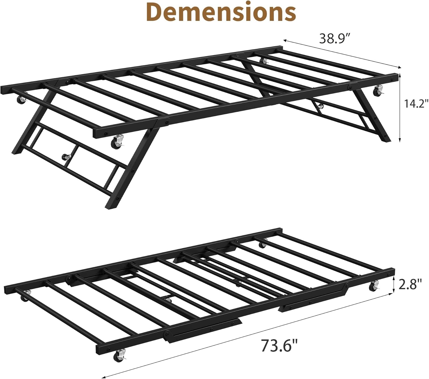 GarveeHome Stand Up Trundle Day Bed, Pop Up Trundle, Twin Trundle Bed Frame Only, Metal Slats Support with Lockable Casters, Ink