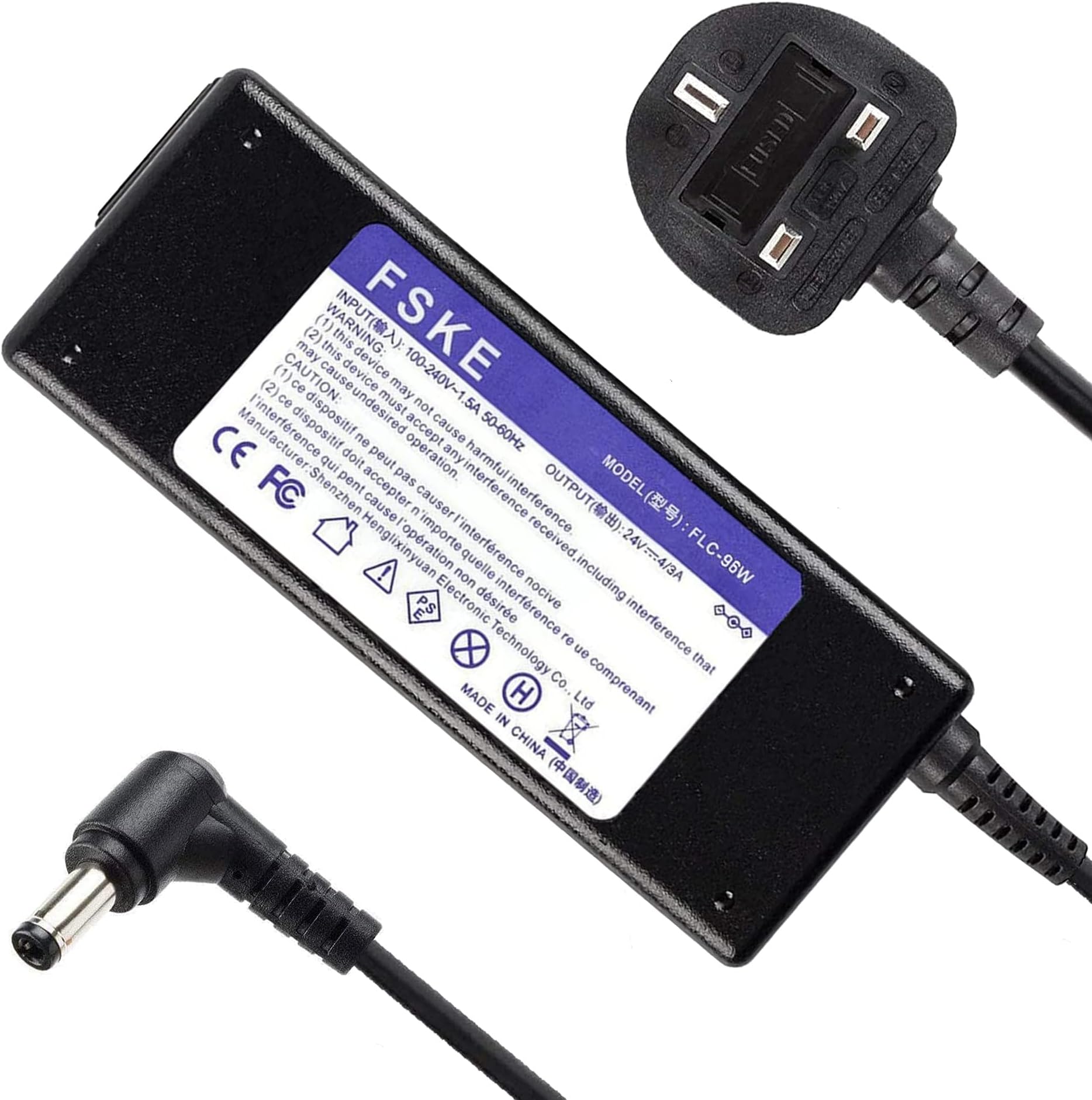 FSKE 96W 24V 4A Charger Power Supply for LCD TV Monitors Massagers 3D Printer CCTV Security System UK Mains AC 90-240V to DC 24V LED Strip Lights Adapter(5.5 * 2.5mm)
