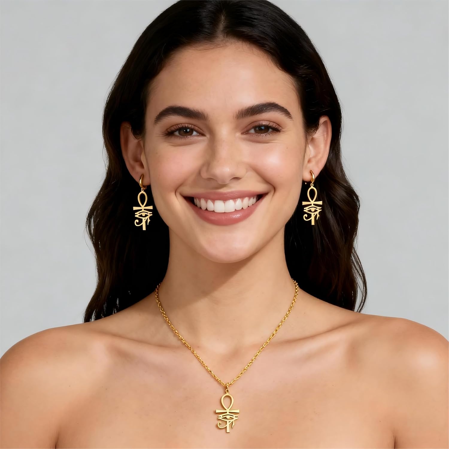 Ankh Cross Jewelry Set for Women Eye of Horus Dangle Earrings Necklace Stainless Steel Ancient Egyptian Drop Jewelry Set Protection Religious Gift - Image 3