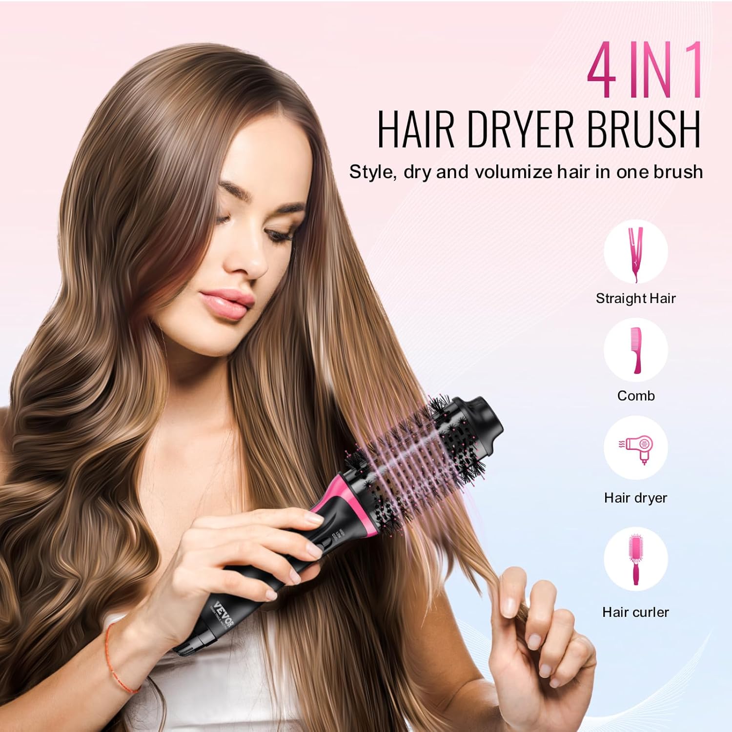 VEVOR Hair Blow Dryer Brush, 4 in 1 Ionic Hair Styler and Volumizer with Electroplated Titanium & 2.56" Ceramic Coating Oval Barrel, Dual Voltage 110V/240V Hot Air Styling Brush for Salon Home Travel