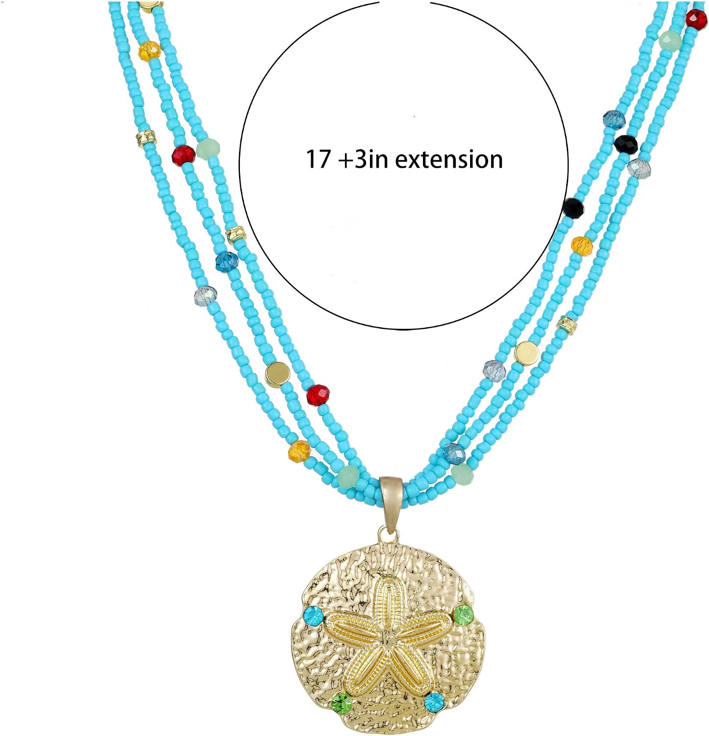 Perla Beaded Necklace for Women, Multi-Color Multi-Strand Statement Sand Dollar Pendant Necklace, Beach Starfish Pendant Necklace, Handcrafted Boho Ocean Summer Jewelry Gift
