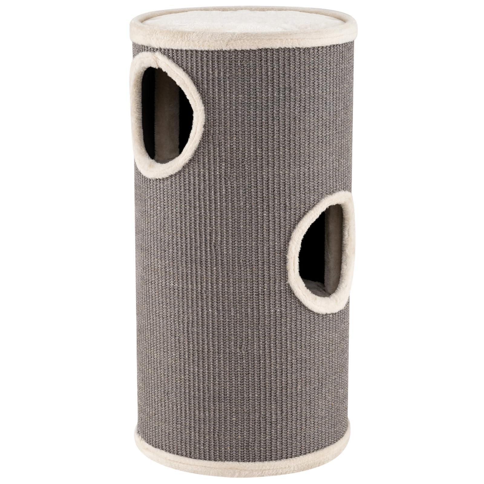 GYMAX Tonneau à Gratter pour Chat 70cm avec 3 Cachettes, Tour à Griffer Chat avec Perchoir en Peluche, Griffoir en Sisal, Entrées, Meuble Colonne Multi-Niveaux pour Chatons, Ø 36 cm