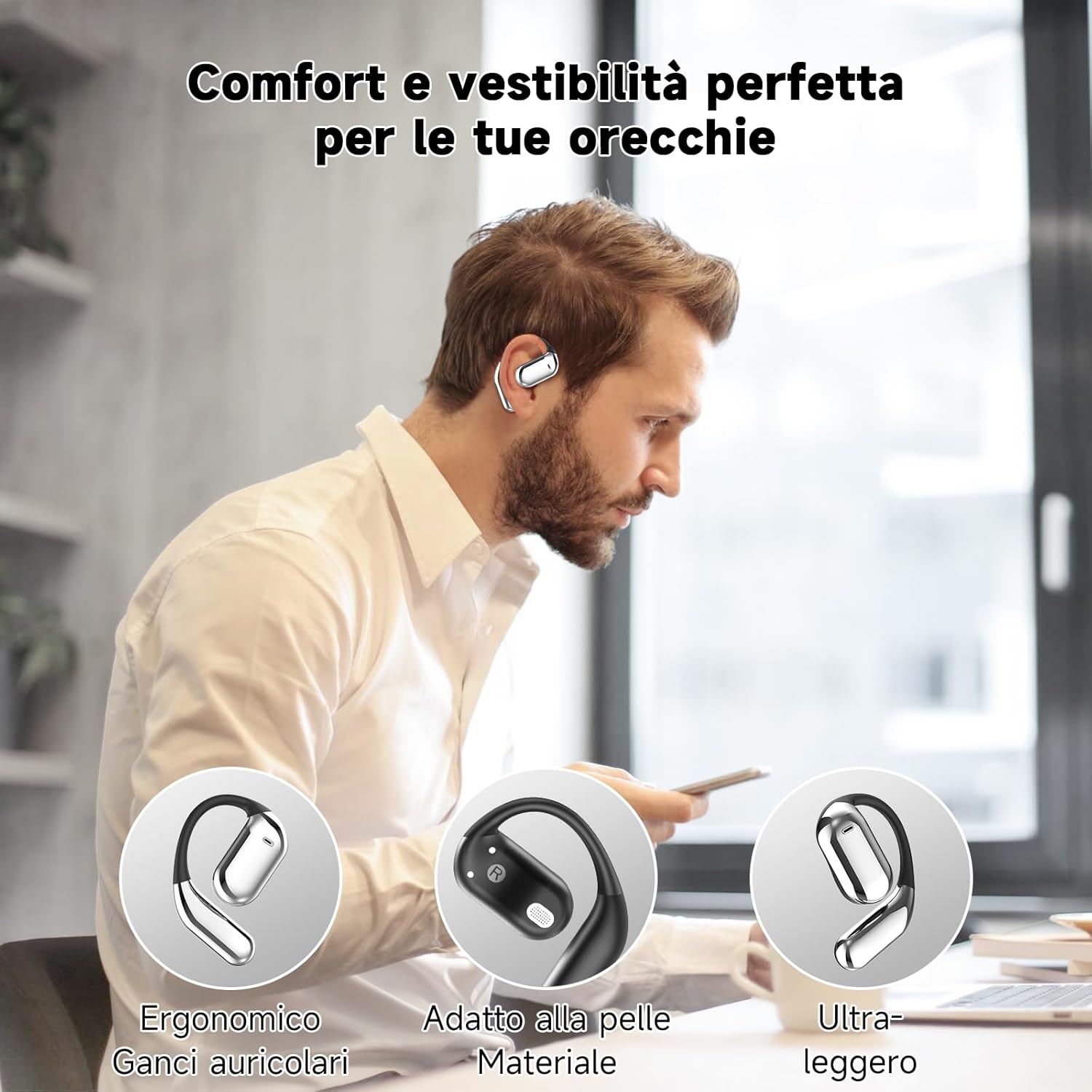 EUQQ Open Ear Cuffie Bluetooth 5.4 Clip Orecchio Cuffie Senza Fili con 4 HD Mics e 50 Ore di Riproduzione Doppio Display LED Custodia di Ricarica Q16 - Immagine 5