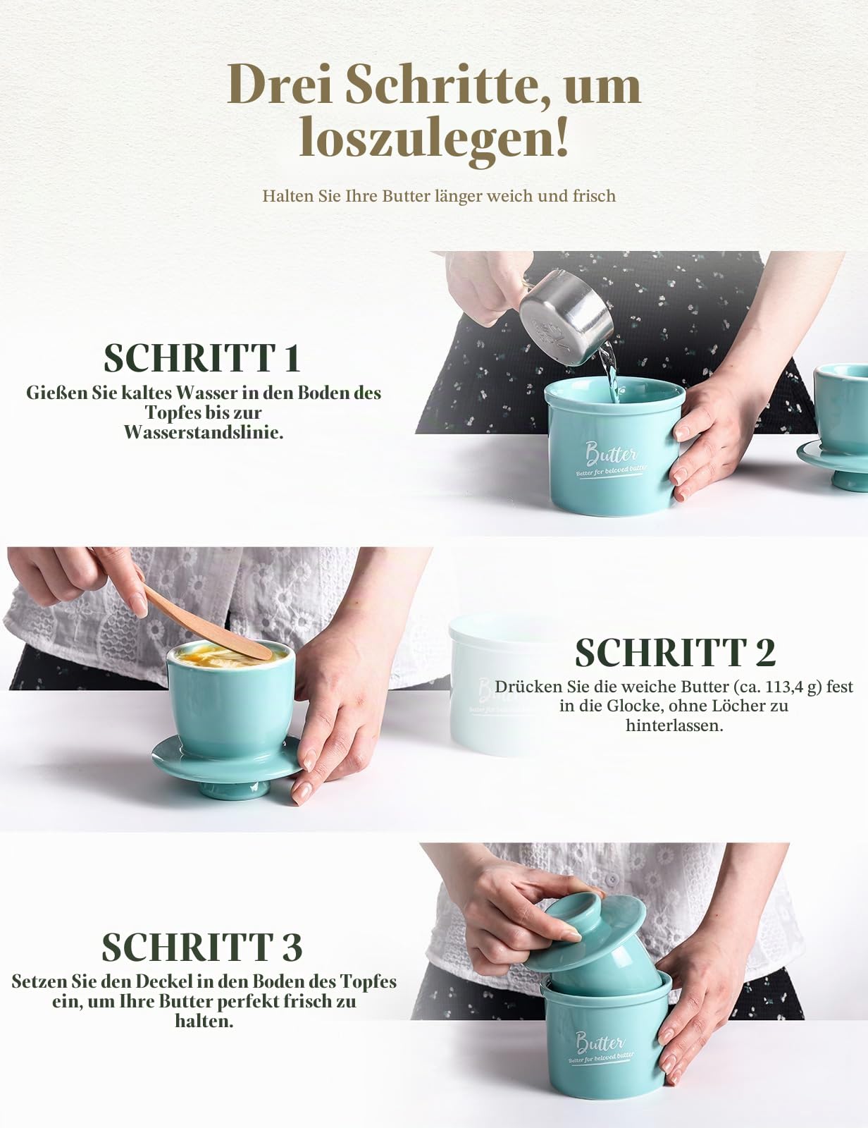 Französische Butterdose,Butterglocke Keramik mit Deckel,124ml,Himmelblau