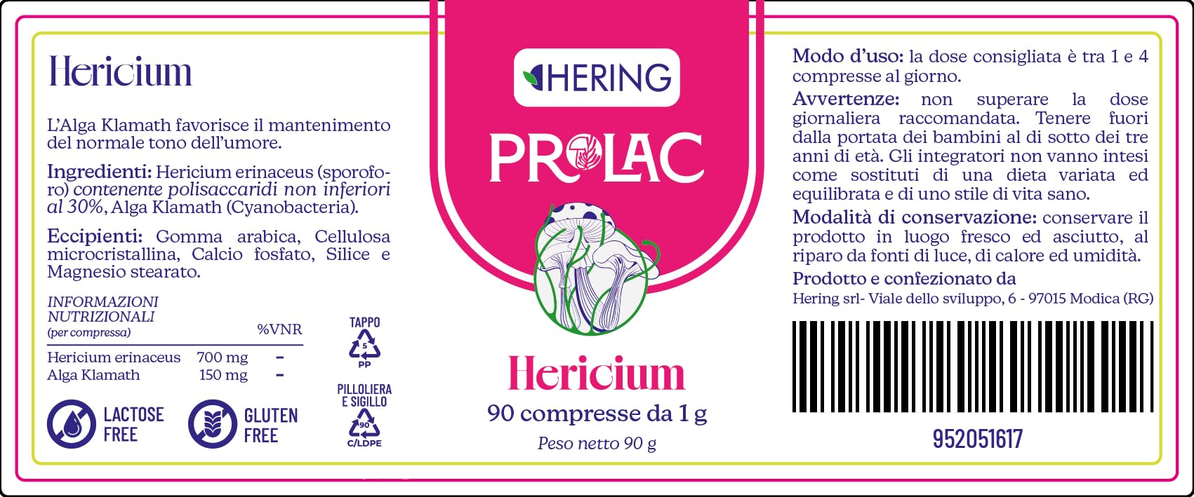 HERING PROLAC Hericium Integratore Alimentare con Alga Klamath, 90 Compresse da 1g