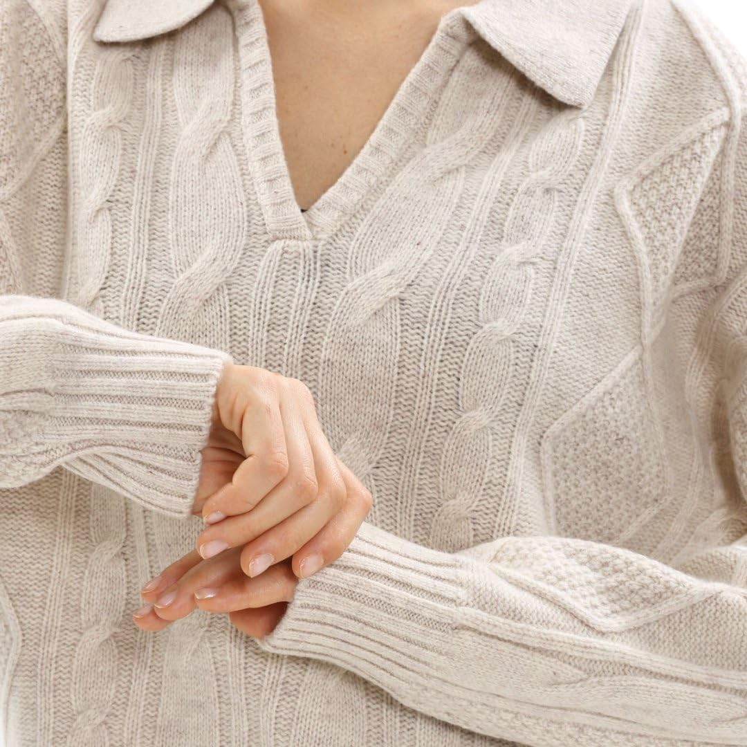 Amazhiyu Women's 100% Wool Cable Knit Crop Sweater V-Neck Long Sleeve Pullovers - Image 4