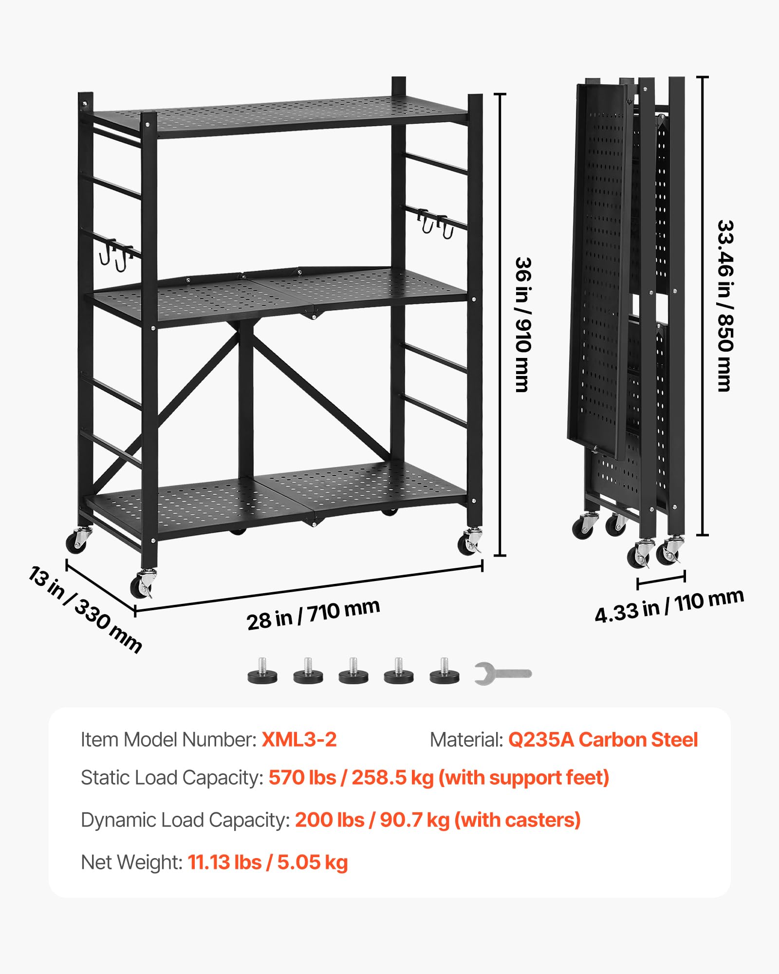VEVOR Scaffale Portaoggetti Pieghevole a 3 Ripiani con Ruote, Scaffale in Metallo Pieghevole, Robusto Resistente Senza Montaggio, Ideale per Garage, Cucina, Cantina Nero 330 x 710 x 910 mm