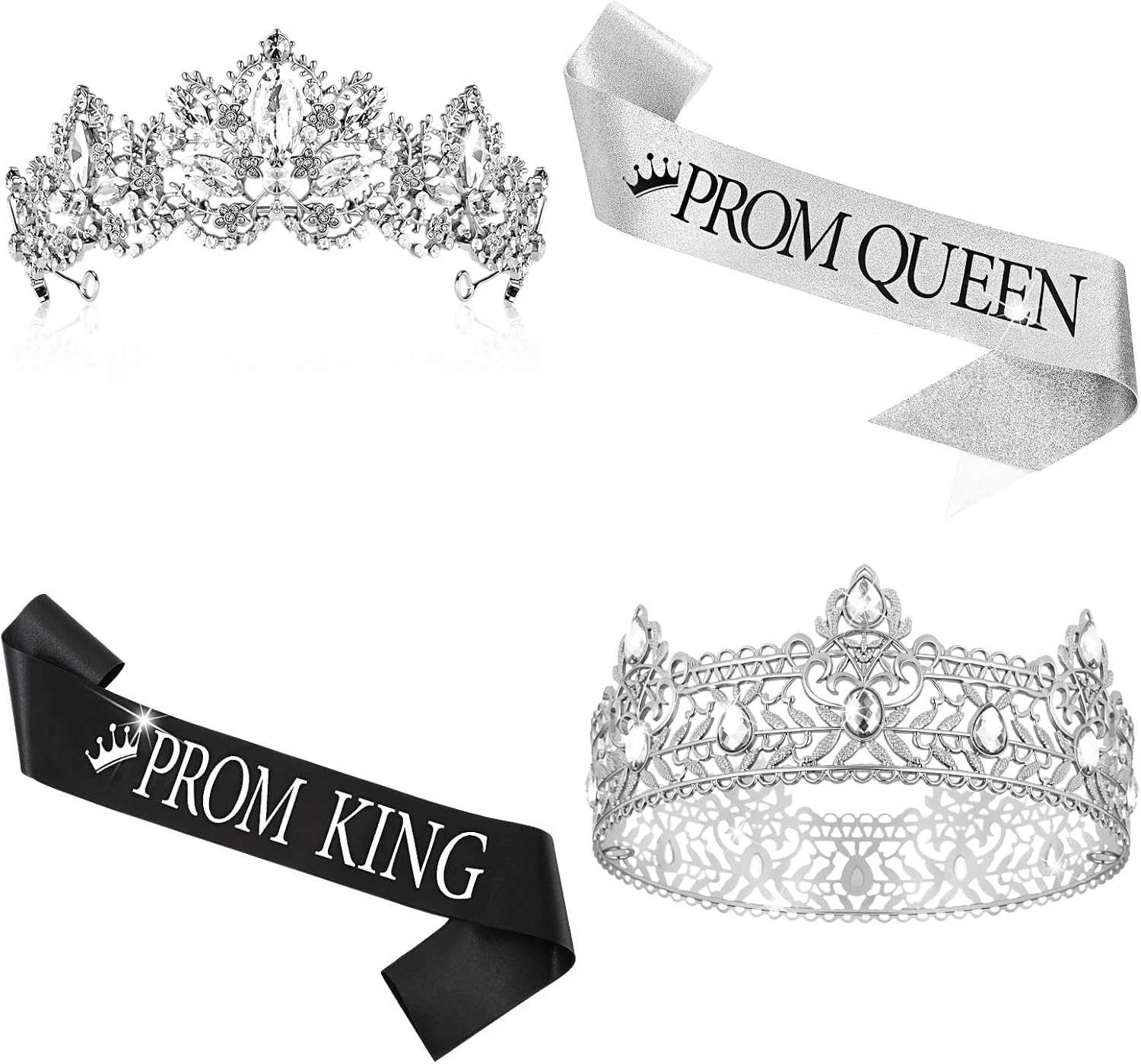 Retrowavy 2 Sets Prom King and Queen Crown with Sash for Men Women Graduation Costume Accessories