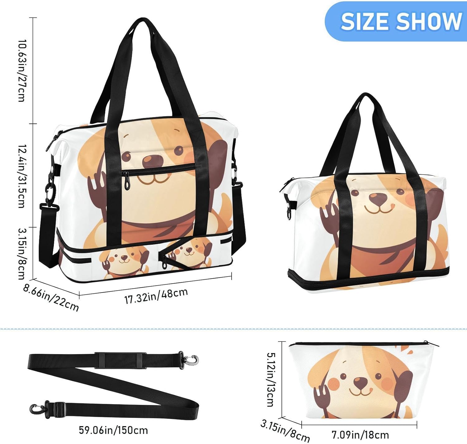 Cute Cartoon Dog Sports Tote Gym Bag Carry On Personal Item Bag with Toiletry Bag for Sports Foldable