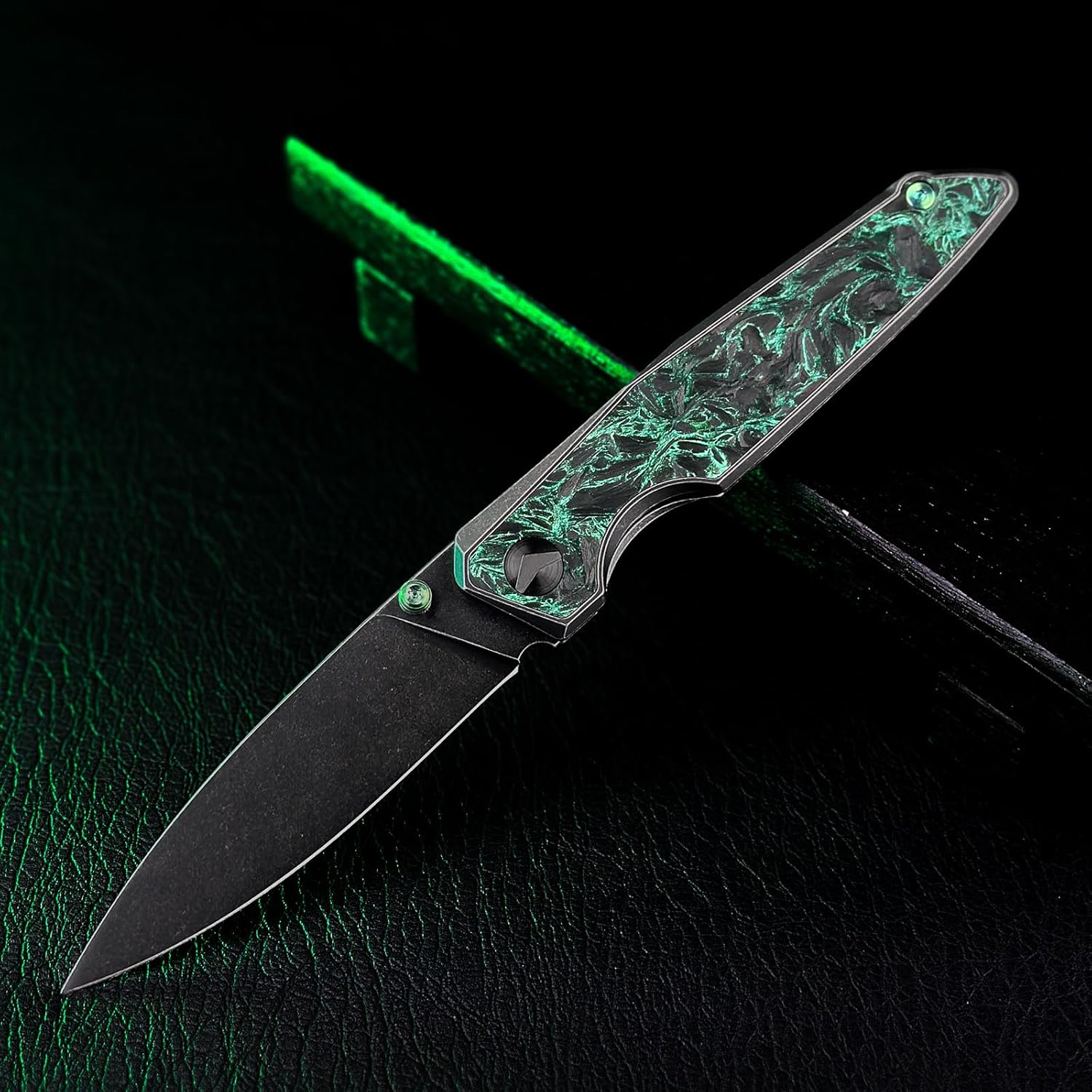 Folding Pocket Knife for Men, EDC Knife with 3.67" M390 Blade, Titanium Frame Lock Handle Carbon Fiber Inlay, Outdoor Camping Hiking Knife (Black&Green)