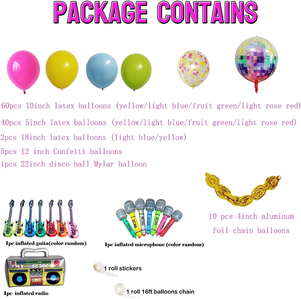 Back to 90S 80S Theme Party Balloons Backdrop Decorations， Party Supplies Foil Balloon Radio Guitar Microphone Disco Ball Colorful Balloons for Back to 90S 80S Party for Birthday Decorations