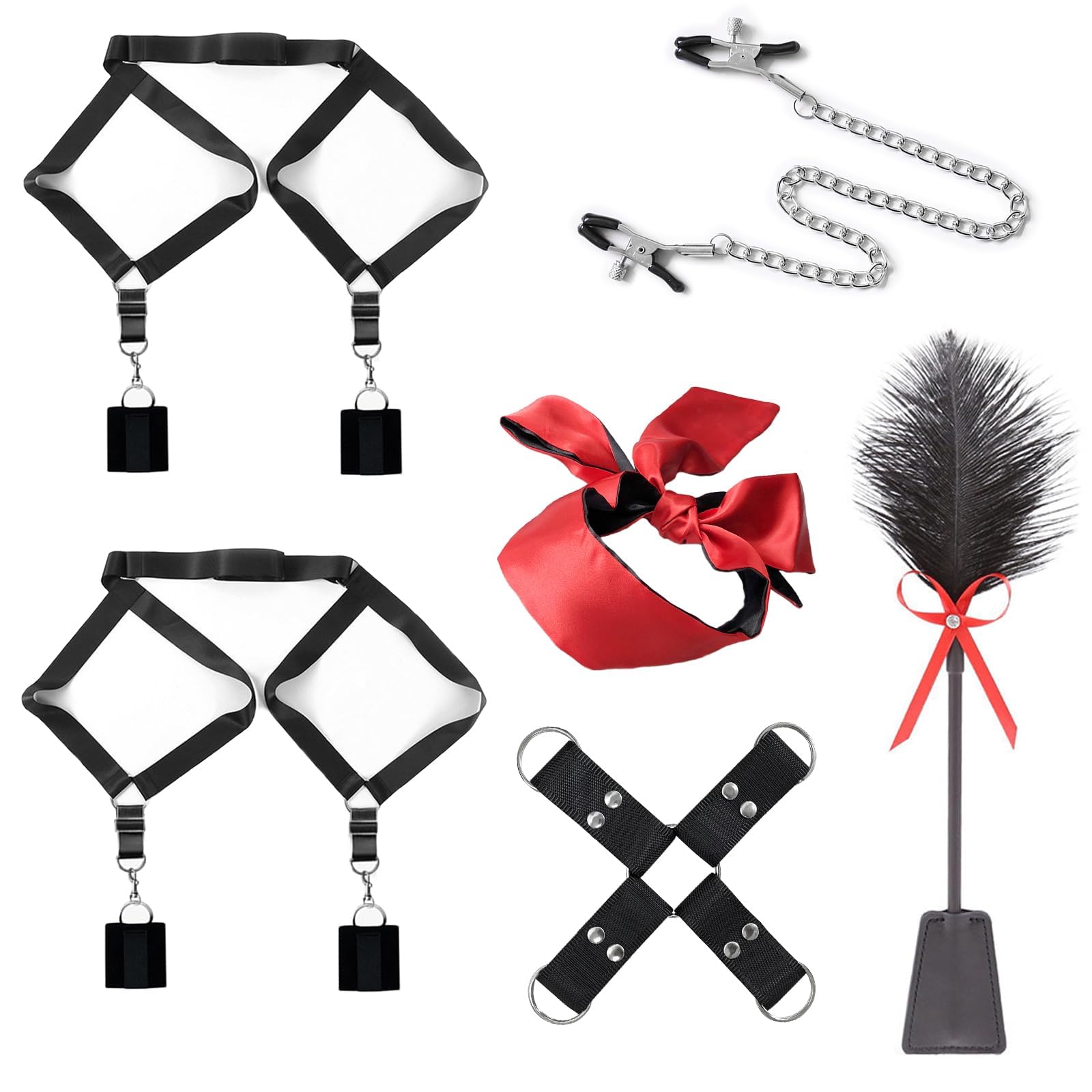 Menottes Sex Lit(4-coins) Kit Sex Toýs Couple,Retenue et Bondage Lit Set Accessoires,Menottes Sexy érotique Pinces pour Mamelon Oeillères Sexe Jeux Sexuelle Adulte Couple (Lit-5pcs)