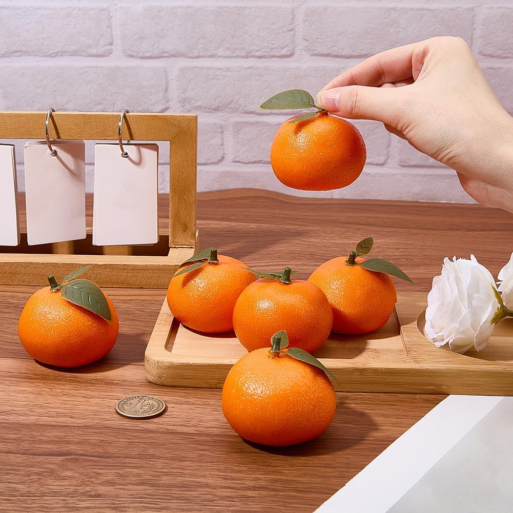 CREATCABIN 6Pcs Artificial Oranges Plastic Fruit Decor Faux Realistic Lifelike Decorative Fruits Orange with Leaf for Christmas Home Kitchen Festival Party Display Photo Props 2.3 x 2.1 Inch