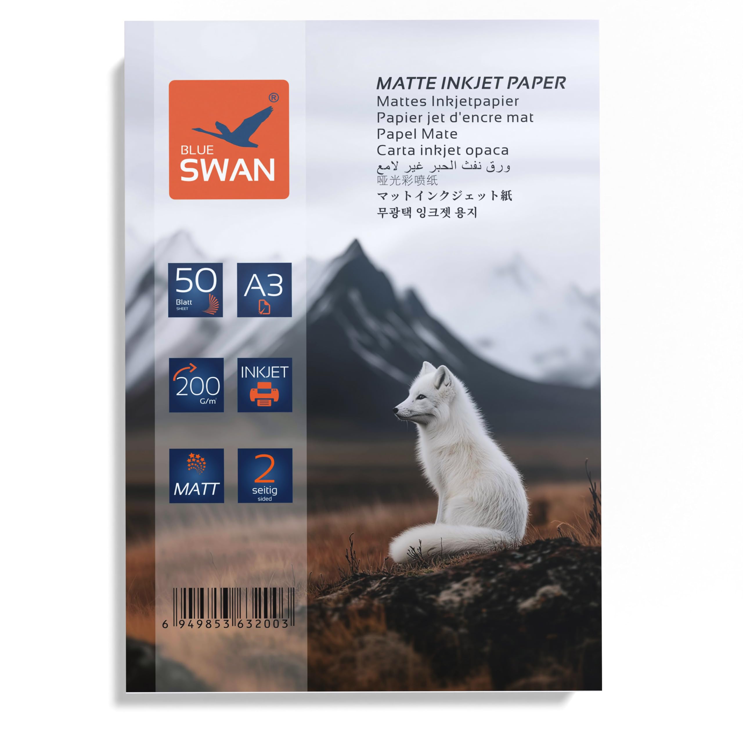 BLUE SWAN Carta Fotografica Opaca A3, 200 g/m², 50 Fogli – Opaca Bifacciale a Bassa Riflettività, Alta Luminosità dei Colori, Asciugatura Rapida, Compatibile con Stampanti Inkjet (297 × 420 mm)