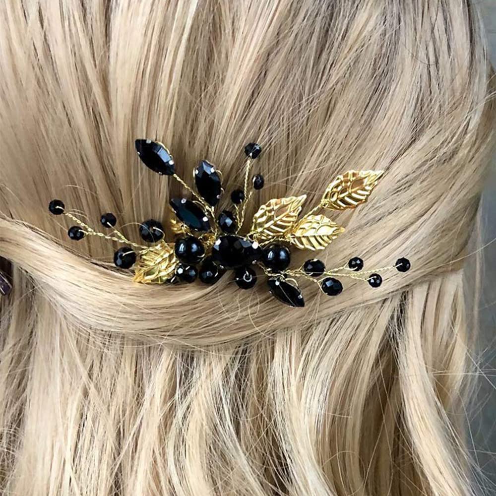 Amazon.com : Aimimier Bridal Black Crystal Hair Comb Gold  display picture 1