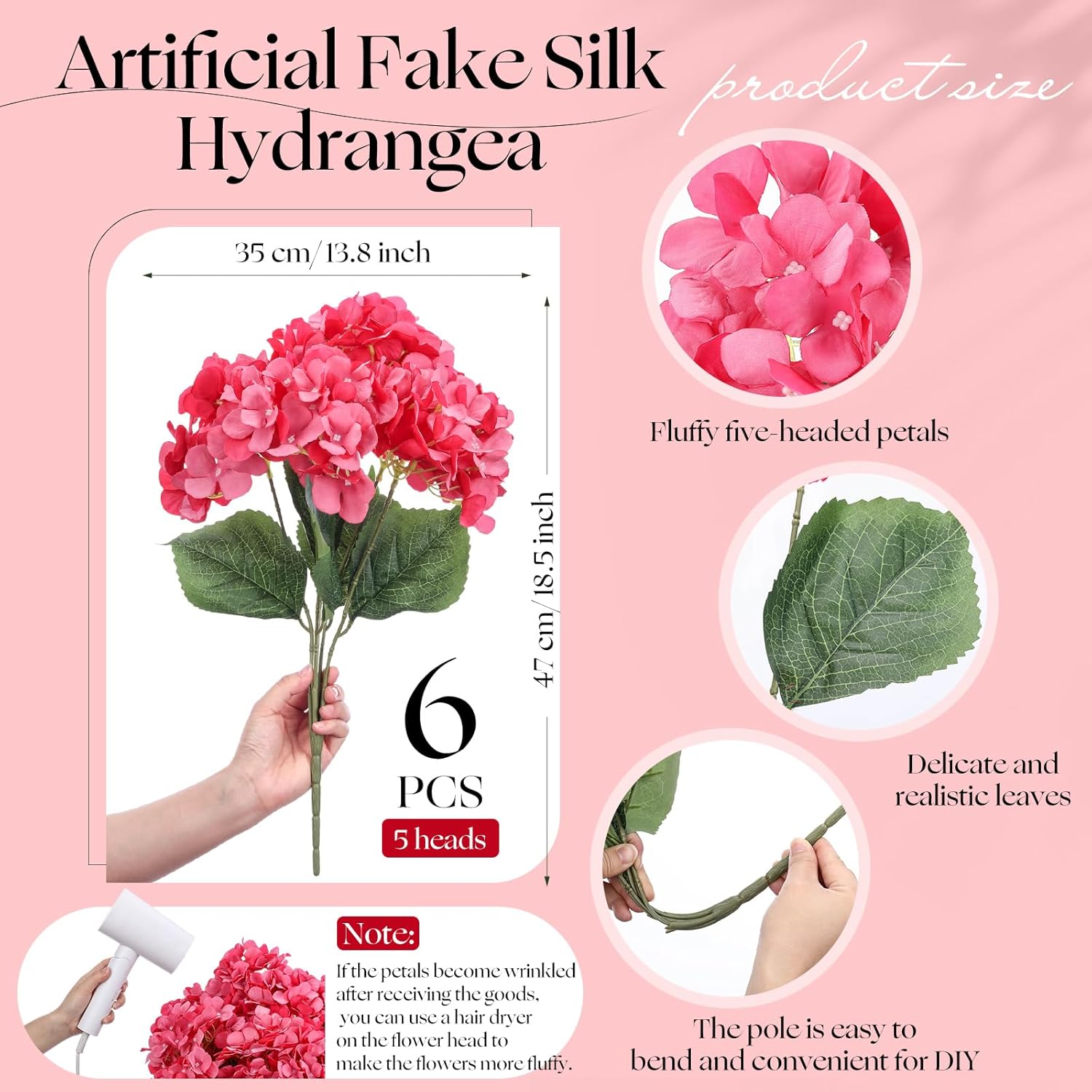 Crowye 6 Bundles 30 Heads Hydrangea Silk Flowers Large Artificial Hydrangea Flowers Heads with 18.5'' Long Stems Faux Hydrangea Bouquets for Home Table Centerpieces Wedding Party Decoration (Rose Red)