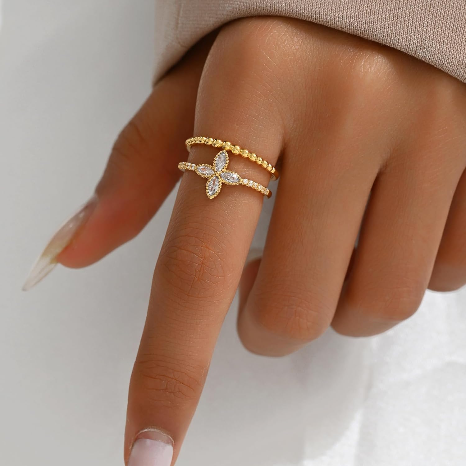 Open Stackable Rings for Women 18K Gold Plated Dainty Cubic Zirconia Wave Cuban Link Chain Flower Feather Hollow Out Adjustable Stacking Rings Wedding Jewelry Gifts - Image 4