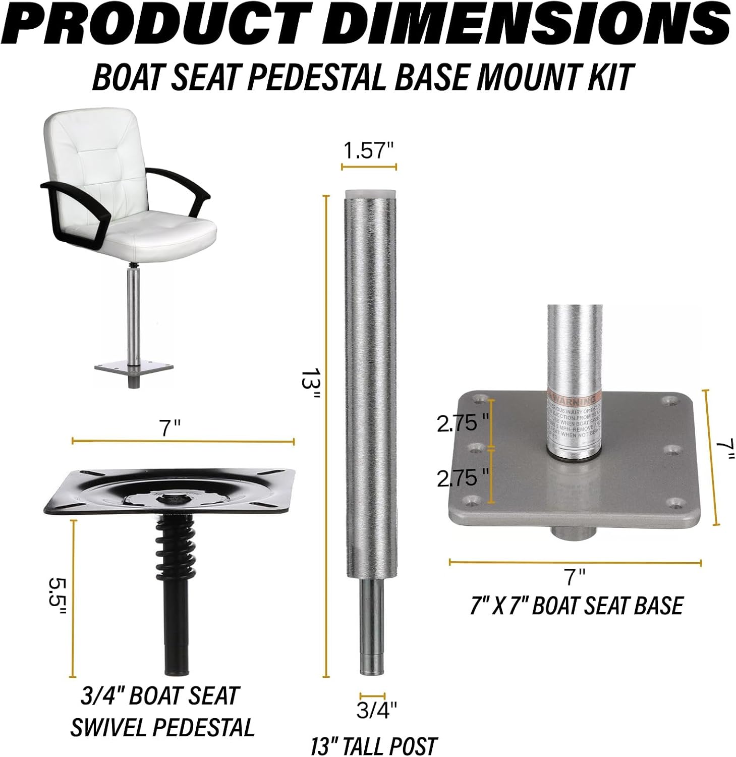 Boat Seat Pedestal Mount Kit | 13" Post & 7x7 Base | 3/4" Swivel for Fishing/Bass/Jon Boat Casting Seats