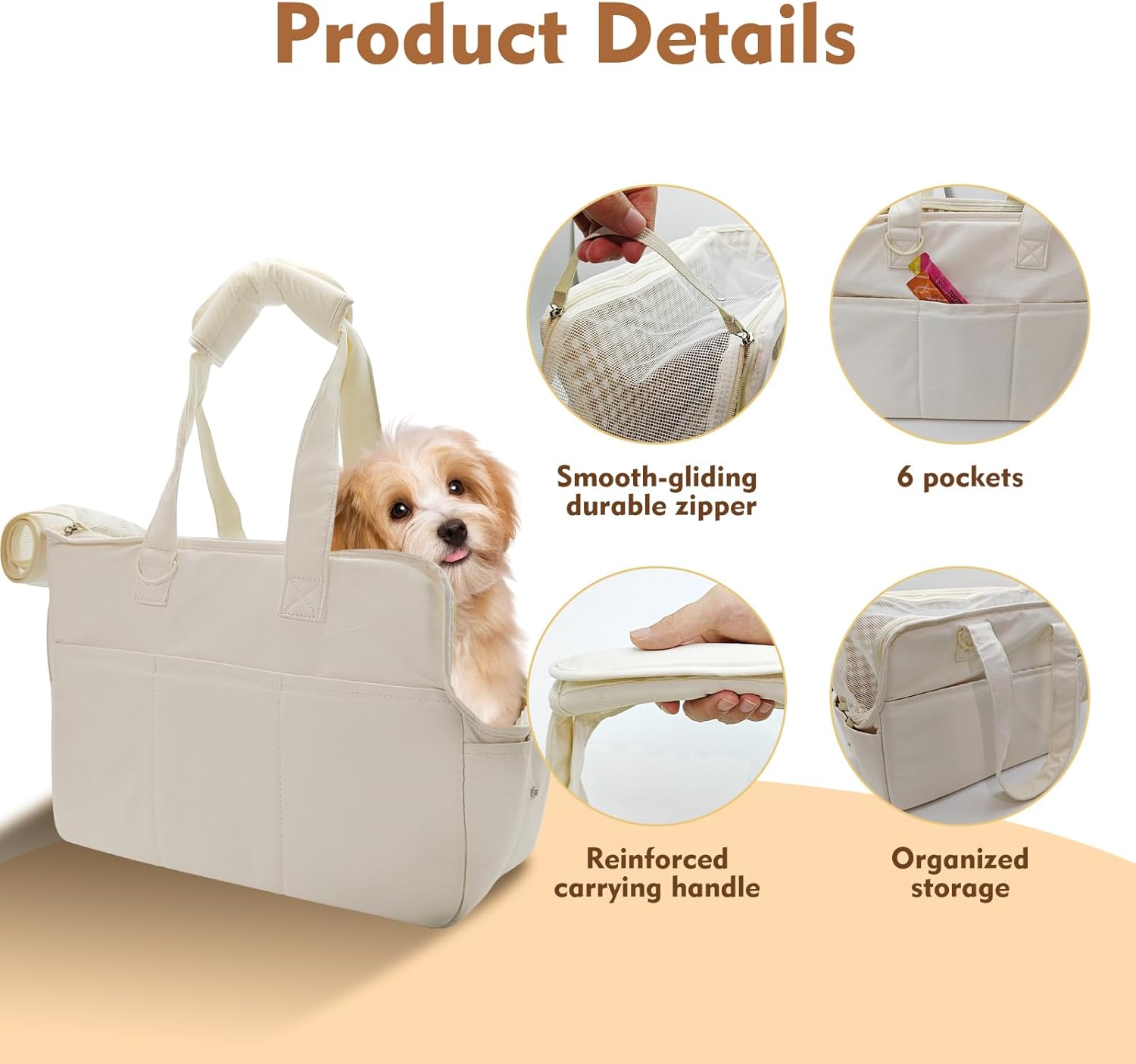 Dog Purse Carrier for Small Dogs Cats Puppies 17 lb Max, Breathable Mesh & Comfortable Strap, Dog Purse Carrier with 6 Pockets & Safety Leash Clip (Cream Color)