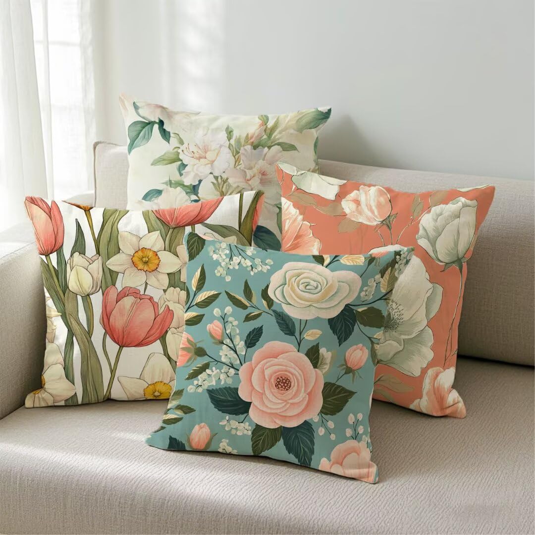 Housse de coussin 35x35cm canapé lin imperméable lot de 4 taies d'oreiller décoration maison fleur