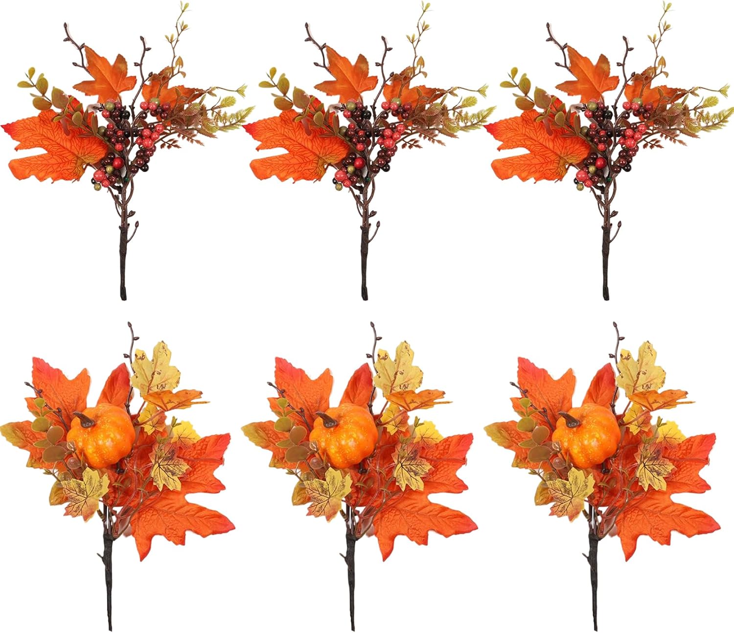Artificial Flowers, Fall Floral Picks, 6PCS Artificial Fall Floral Stems with Maple Leave, Pumpkin ＆ Berry, 9.8 Inch Fall Leaves Decor for Harvest Autumn Thanksgiving Halloween