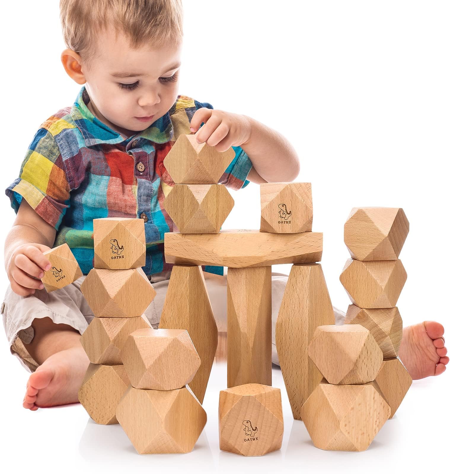 OATHX Montessori Toys Stacking Rocks Wooden Blocks Building Preschool Balancing Stones for Toddlers 1-3 Girls Boys Sensory Natural Wood 20pcs Large Size