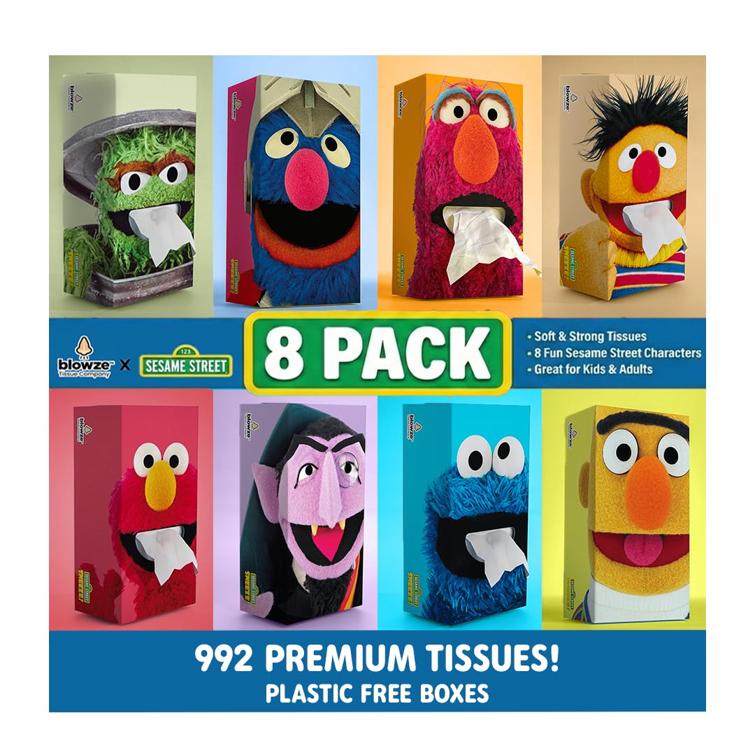 SESAME STREET SNEEZE Facial Tissues - Premium Fun Design Tissues for Kids - Ideal Get Well Gift - Gentle & Absorbent Relief for Sniffles | 8-Pack (992