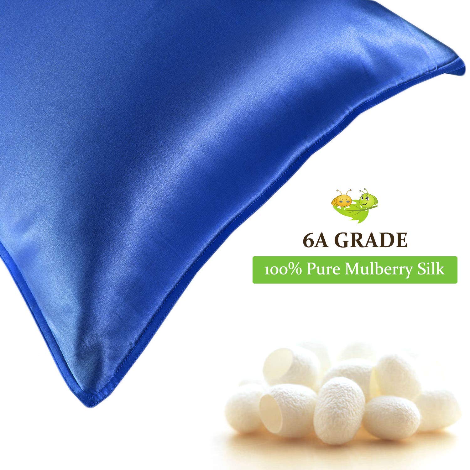 22 Momme Seiden Kissenbezug 2 Stücke Set, 100% Maulbeerseiden Kopfkissenbezug für Haar und Haut mit Umschlagverschluss, Weich und Glatt Seiden Kopfkissenbezug, 50 x 66 cm Blau