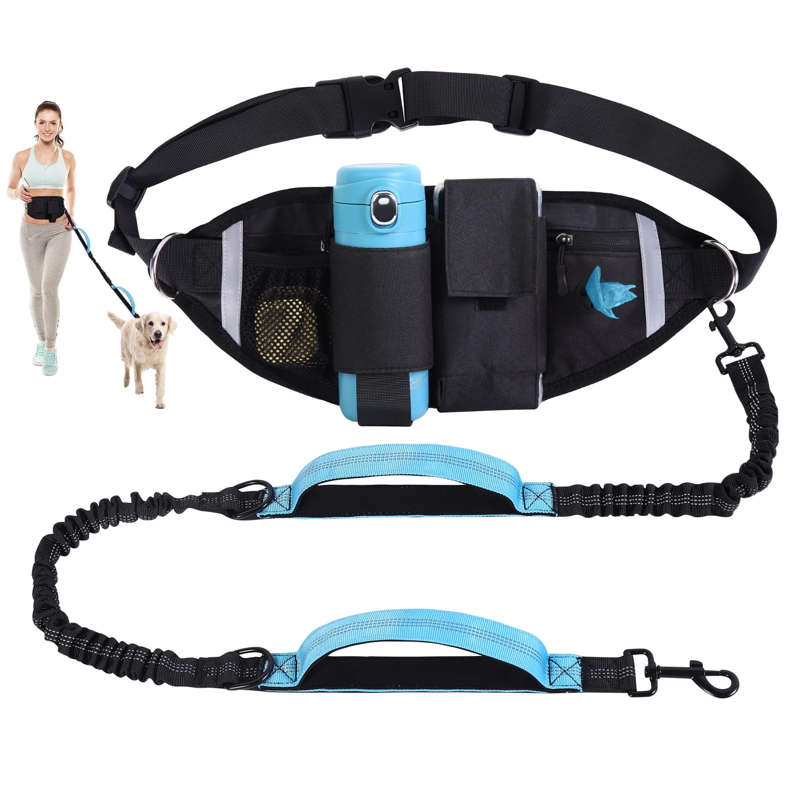 Hands Free Dog Leash, Waist Leash for Dog Walking, Running, Jogging, Waist Leashes with Adjustable Belt, Medium & Large Dogs Running Leashes Hands Free, Dual Padded Handles and Durable Bungee(Blue)