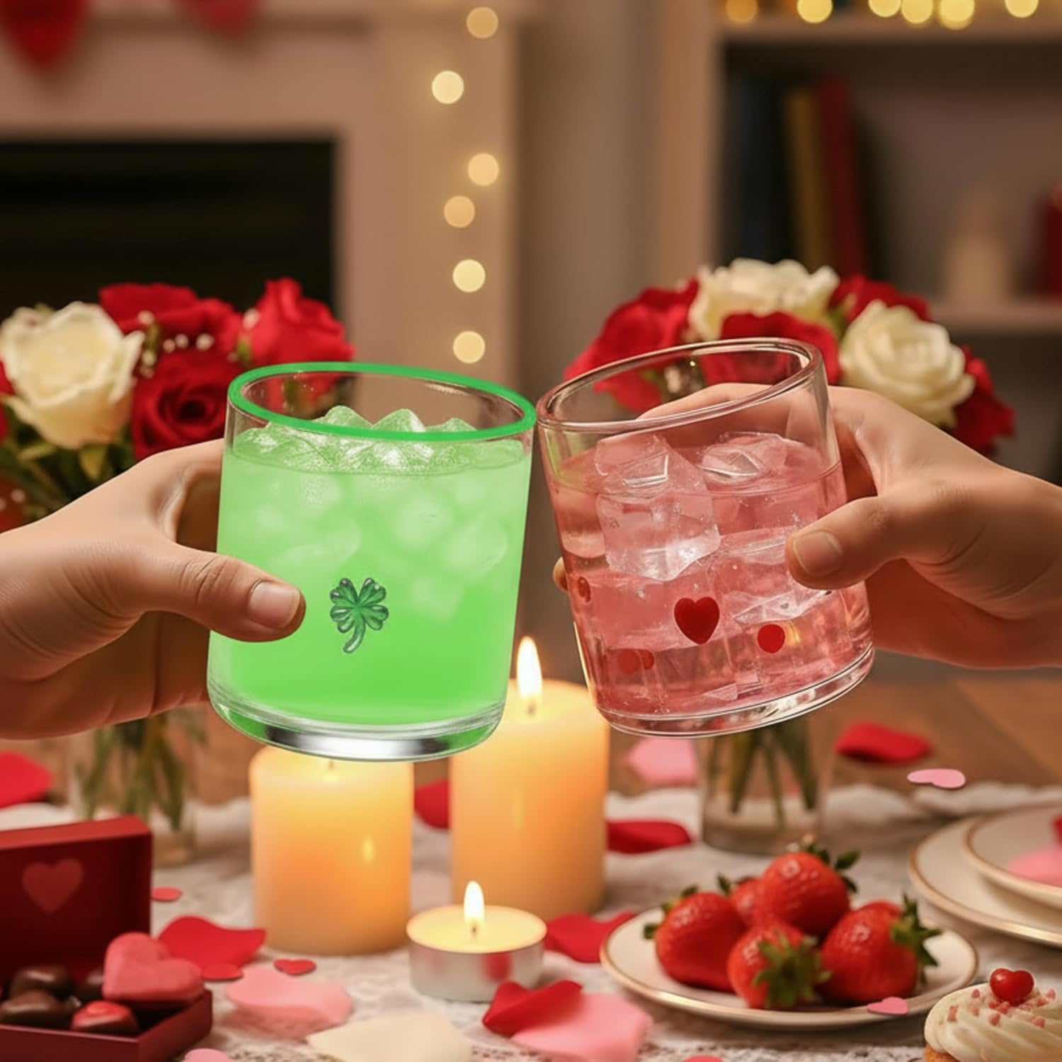 Bokon Set of 2 Valentine Icon Glass Cups 14 oz Heart and Shamrock Icon Juice Glass Old Fashioned Hand Blown Drinking Cups Coquette Drinkware Gift for St. Patrick's Day Women Girls Birthday - Image 3
