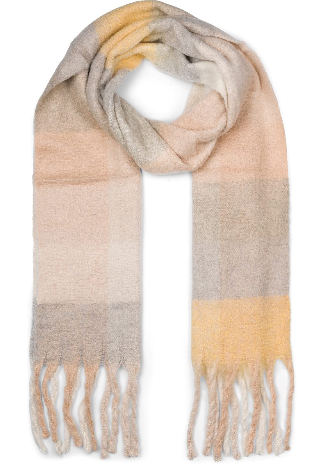 styleBREAKER Web Strickschal – Grau-Gelb-Beige, kariertes Muster, lange Fransen