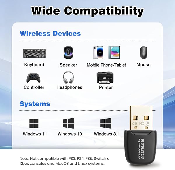 Bluetooth 6.0 Dongle für PC, USB Bluetooth Adapter mit Dual Mode BLE für Windows 11/10/8.1, kompatibel mit Maus, Tastatur, Kopfhörer, Controller, Bluetooth Adapter PC - 5