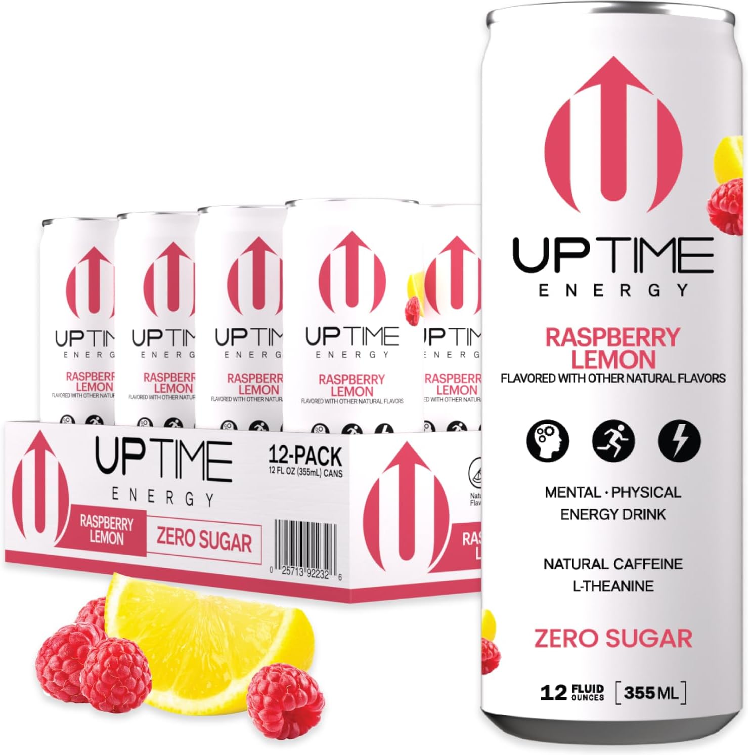 Energy Drink, Raspberry Lemon Sparkling, 12 Pack, Vitamin C, L Theanine, Calcium, Sugar Free Energy Drinks for Focus Support, 142mg of Natural Caffeine, 5 Calories, Natural, 12 fl oz Cans
