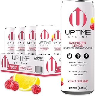 UPTIME Energy Drink, Raspberry Lemon Sparkling, 12 Pack, Vitamin C, L Theanine, Calcium, Sugar Free Energy Drinks for Focus Support, 142mg of Natural Caffeine, 5 Calories, Natural, 12 fl oz Cans