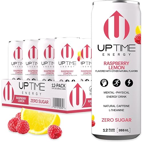 UPTIME  Limón de frambuesa  Cero azúcar (paquete de 12) bebida energética premium, botellas de 12 onzas, cafeína natural, sabores naturales, espumoso
