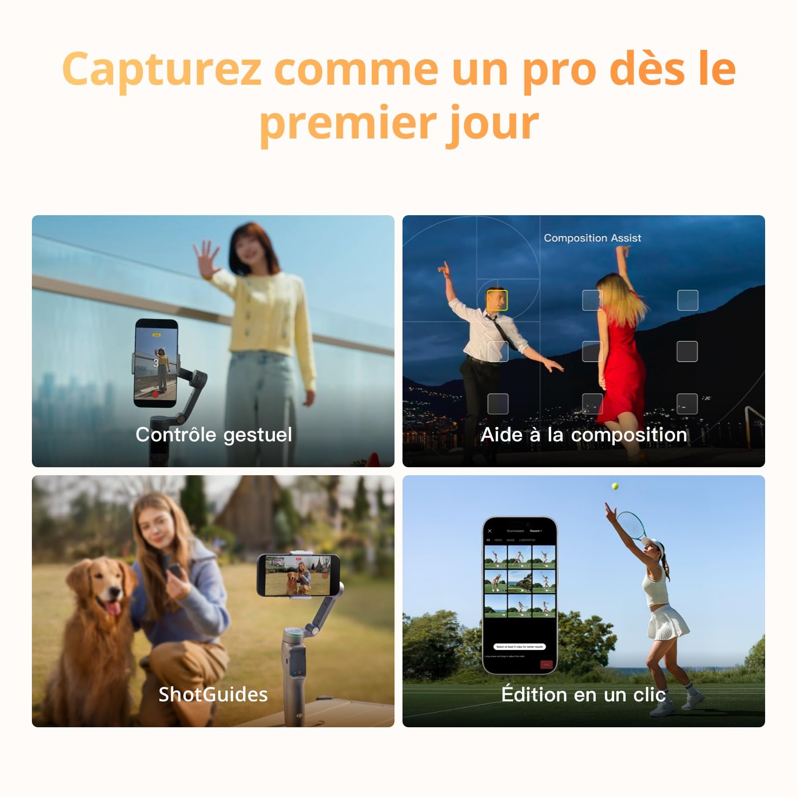 Osmo Mobile 8P, nacelle stabilisatrice pour iPhone et Android, Module de Suivi, radiocommande, Suivi natif, Barre d’Extension et trépied intégrés, Batterie 10 h, stabilisation sur 3 Axes