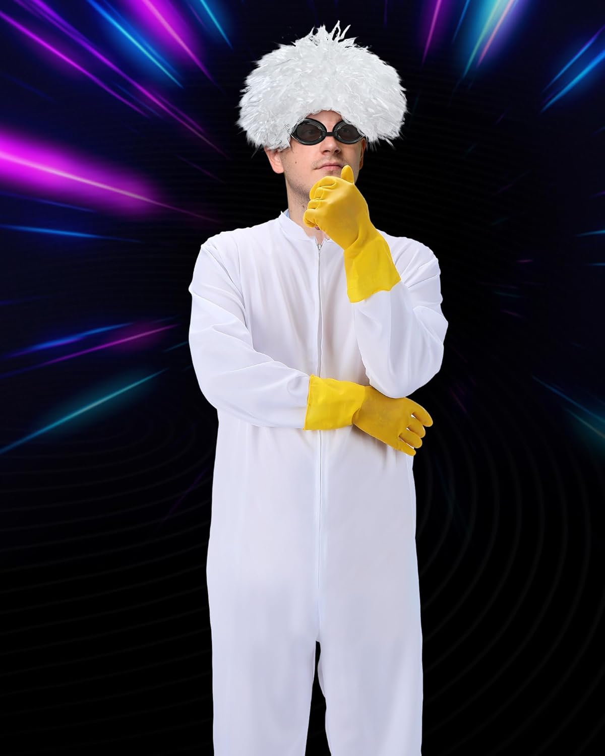Zoooyawn Halloween Men's Future Costume Kit Adult Costume Cosplay Set Television Show Costumes for Men All White Jumpsuit with Wig Goggles Gloves Dress Up - Image 3