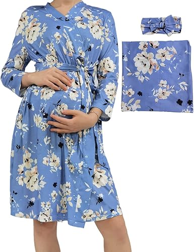 SUFEINI Conjunto de manta con bata de mamá a juego, bata de maternidad para enfermería, hospital, parto, bata de embarazo, ropa de descanso para